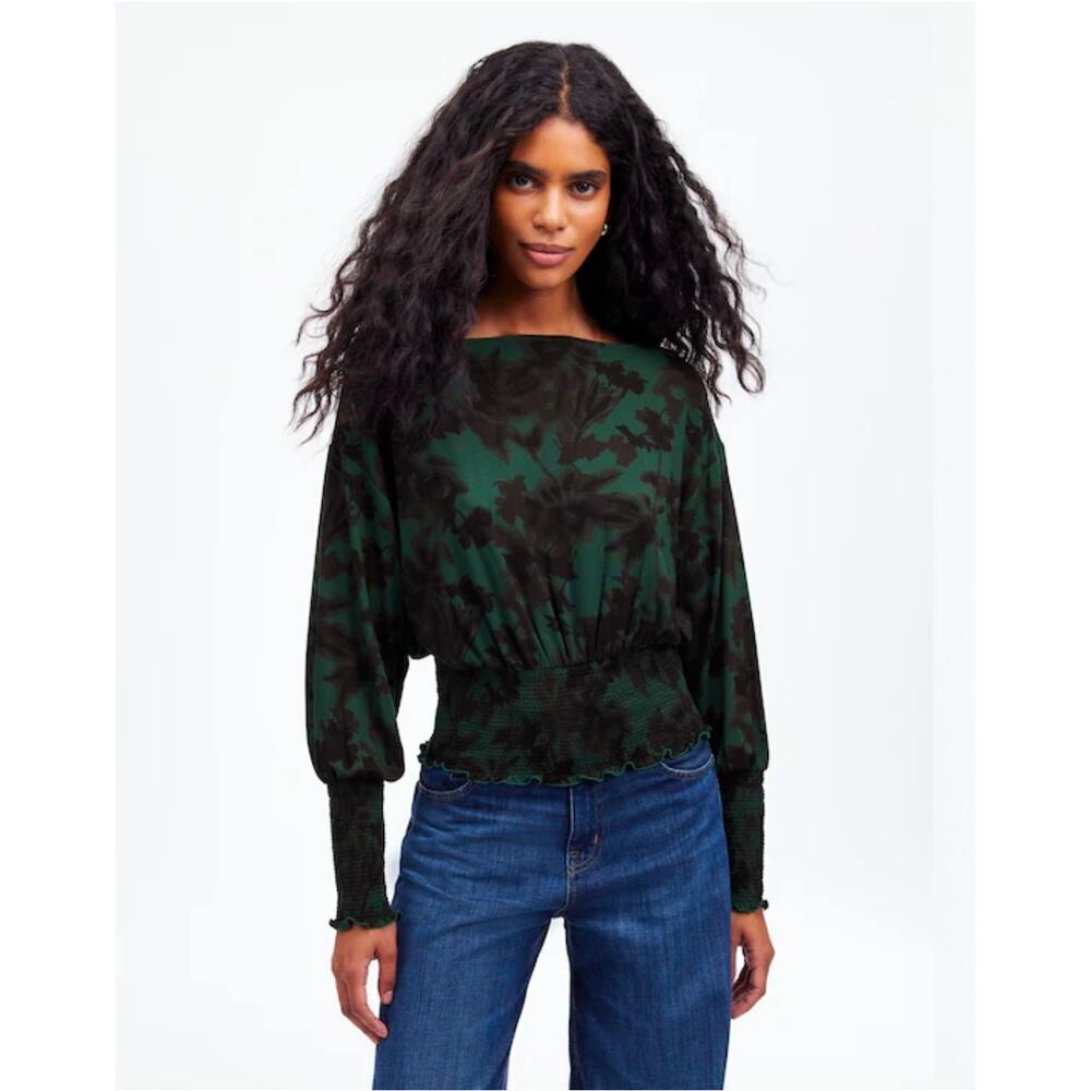 NWT Madewell Cinched Long-Sleeve Top in Luxury Forest Green color. Retails $75 - Picture 1 of 9